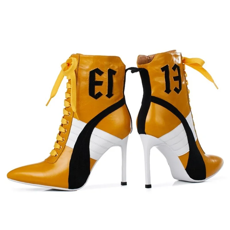 

Mixed Color Patchwork Women Ankle Boots Elegant Pointed Toe Cross Tied Lace Up Gladiators Printing Letter High Heel Botas Woman