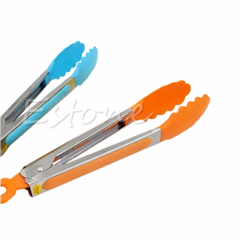 

Useful Kitchen Cooking Salad Serving BBQ Tongs Stainless Steel Handle Utensil Silicone Color Optional