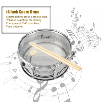 

14in Snare Drum Stainless Steel Drum Body Transparent PVC Drumhead with Case Sticks Shoulder Strap for Student Professional