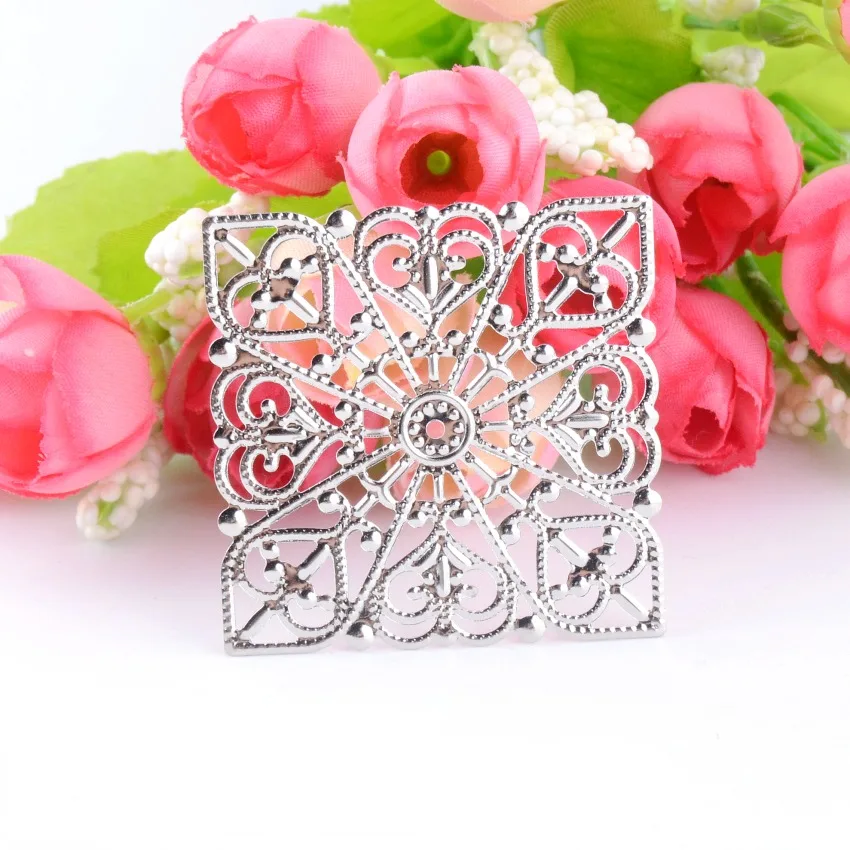 

MIAOCHI 50Pcs Embellishment Metal Crafts Gift Decoration DIY Square Silver Tone Filigree Connectors Hollow 4x4cm, J0037