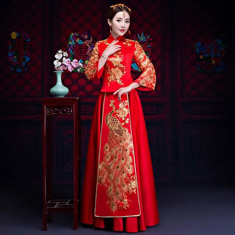 Невеста Cheongsam Винтаж китайский Стиль свадебное платье ретро тост Костюмы Леди Вышивка Феникс платье брак Qipao красная одежда