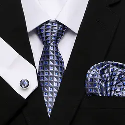 Новый синий плед Geometric Tie Hanky запонки наборы шелковые галстуки мужские классические Свадебная вечеринка жениха шелк жаккард Тканые шеи