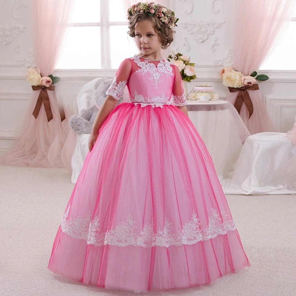 

Elegant Rose Red Girls Pageant Dresses Half Sleeves Patchwork O-Neck Ball Gown Girls Communion Dresses Hot Vestido De Comunion