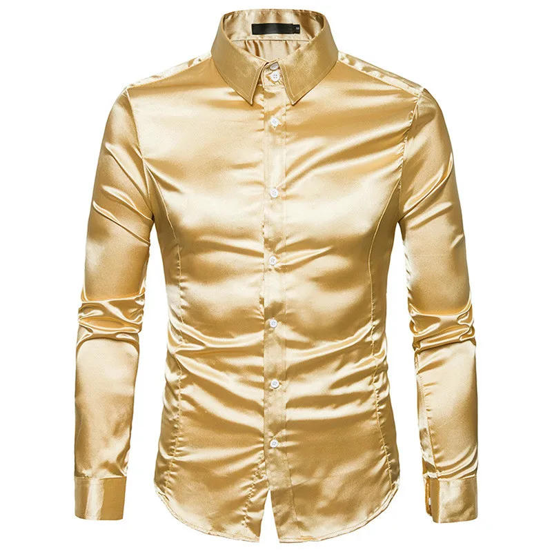 Silk Shirt Men 2018 Satin Smooth Men Solid Tuxedo Shirt Business Chemise Homme Casual Slim Fit Shiny Gold Wedding Dress Shirts