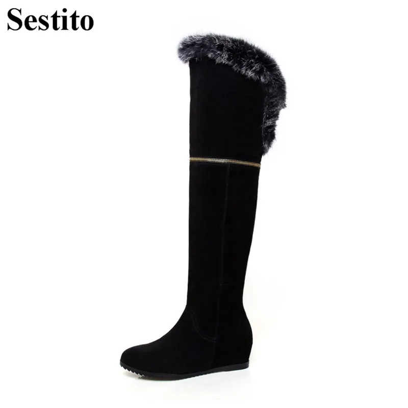 

New Fashion Black Feather Height Increasing Winter Boots Woman Round Toe Med Heel Over-the-Knee Boots Women Flat Zip Women Shoes