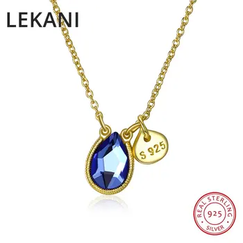 

LEKANI Crystals From Swarovski Blue Beads Pendants Necklaces For Women Fine Jewelry Gold Color Real S925 Silver Chain Collares