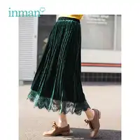 INMAN Winter New Arrival Female High Waist Pleated Lace Retro Literary Women Skirt