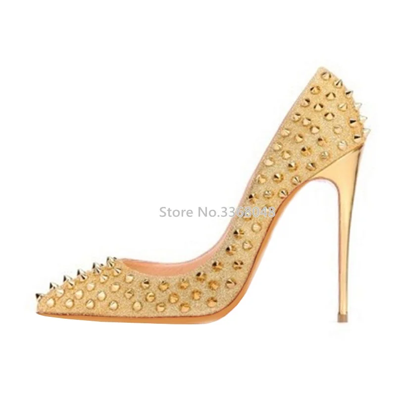 

New Gold Rivets High Heel Pumps Pointed Toe High Heel PU Leather Party Shoes Fashion Thin Heels Shallow Women Wedding Shoe