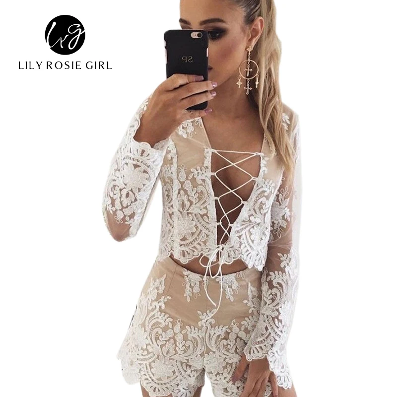 

Conmoto Girl Two Pieces Sexy Club Lace Up Women Playsuits White Elegant Party Rompers Jumpsuits Hollow Out Girls Overalls