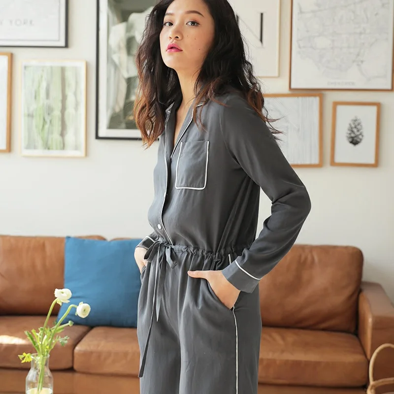 Murah Spring Slim Sederhana Korea Onesies untuk Wanita Dewasa Piyama Lengan Panjang Onesie Slim Es Sutra Rumah Pakaian Rekreasi Padat Baju Tidur