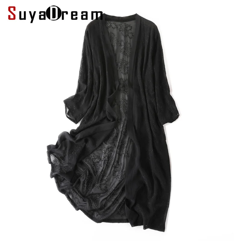 

Women Black Long Blouse 100% REAL SILK Georgette Solid Transpranet Embroidery Blouse 2019 Spring Summer Blouse Shirt