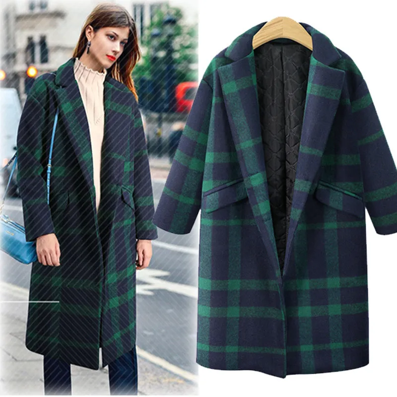 Womens Winter Plaid Lapel woolen coat Trench Jacket Long Parka Overcoat ...