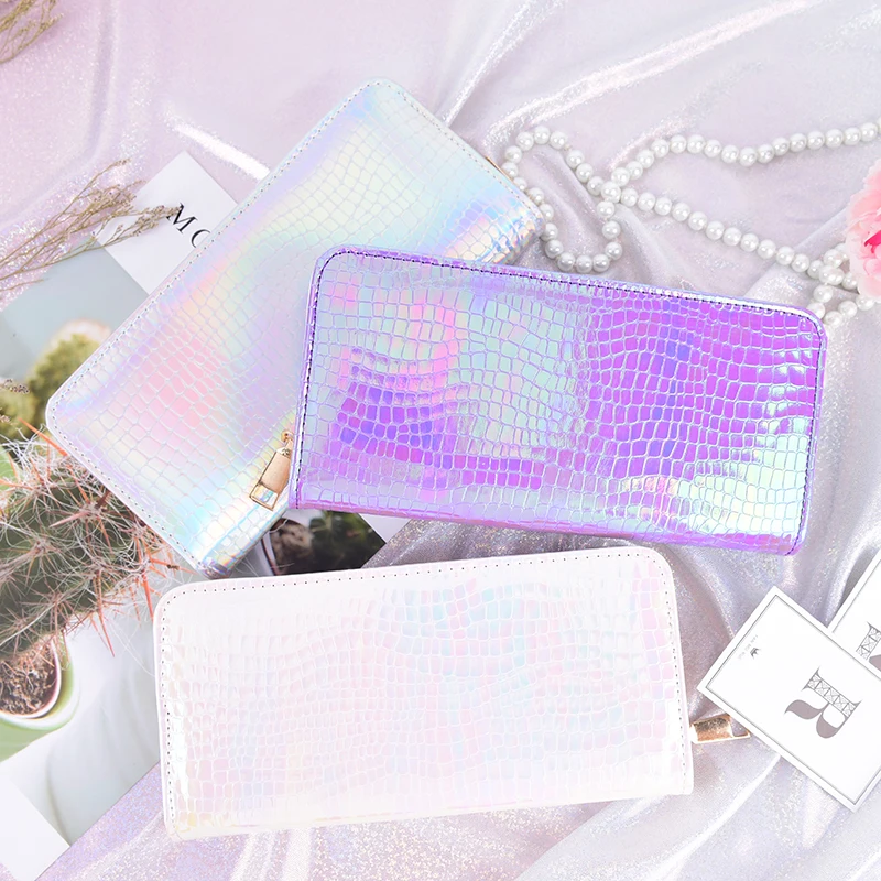 Women Laser Hologram Wallets Long Zipper Wallets PU Leather Holographic Clutch Purses Card