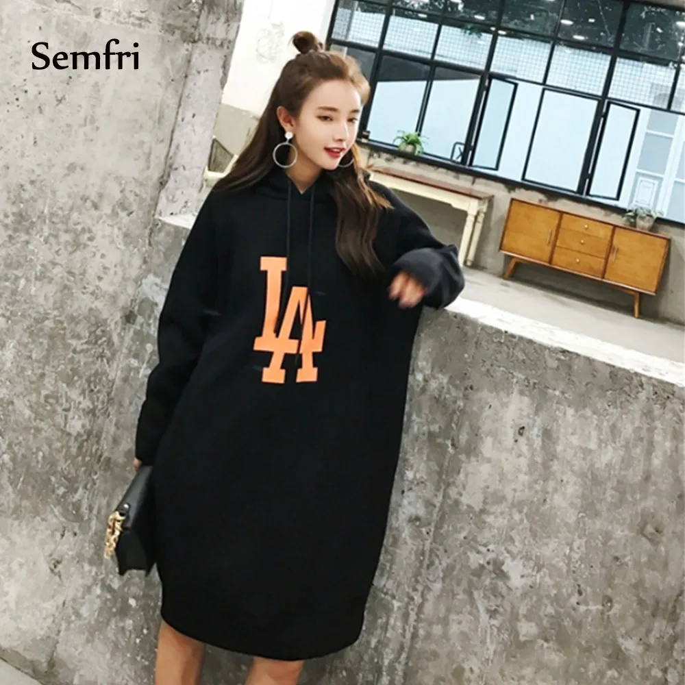 Semfi Black Hoodie Sweatshirt Dress Women Loose Oversized Long Spring Autumn 2019 Casual Print Floral Plus Size Harajuku