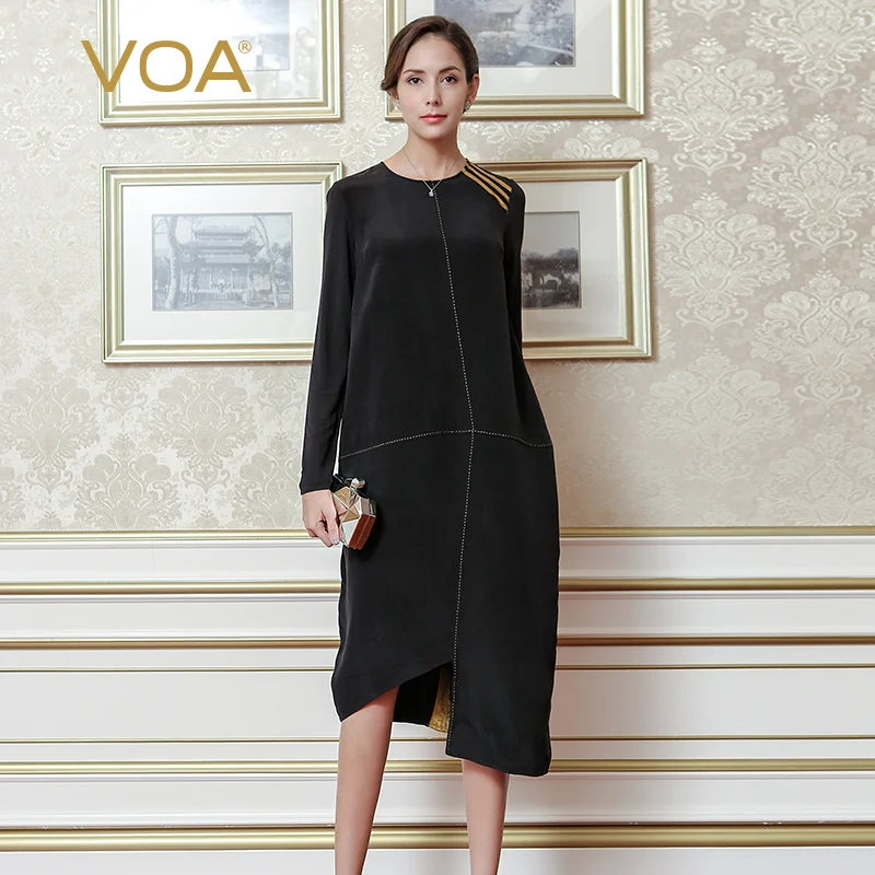 VOA Черный Плюс Размер тяжелый шелк с длинным рукавом лоскутное короткое платье для женщин вечерние женские ночные летние платья одежда ALJ01701