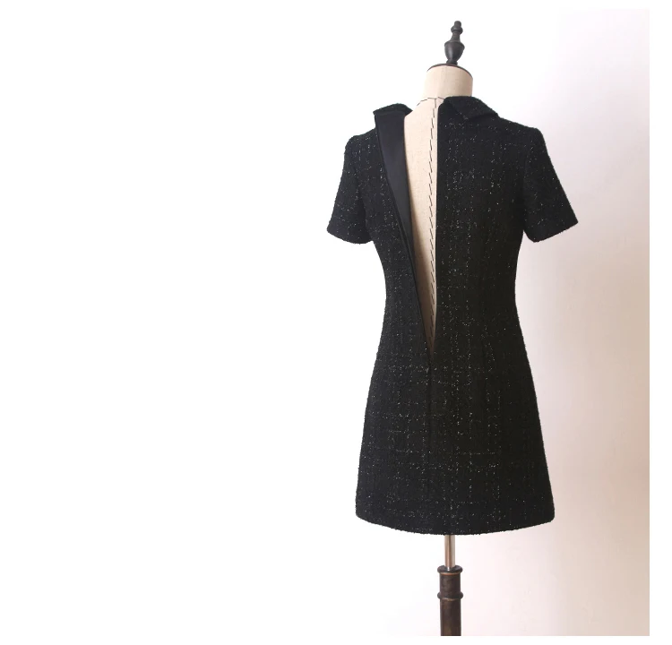 Черное твидовое платье с коротким рукавом весенне-осеннее женское платье с кисточками дамское тонкое платье цельное