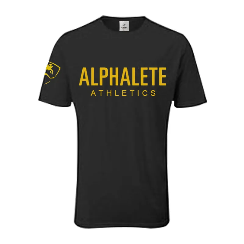 Новая брендовая хлопковая футболка для мужчин ALPHALETE Gyms Фитнес Бодибилдинг облегающие рубашки мужские модные повседневные футболки с принтом - Цвет: LT03 Black Gold