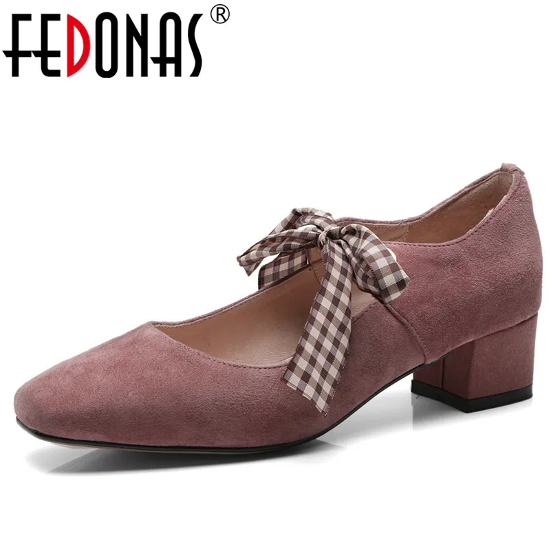 

FEDONAS 2020 Elegant Women Suede Pumps Bowtie Wedding Party Shoes Woman Square Toe High Heeled Office Pumps Ladies Shoes Woman