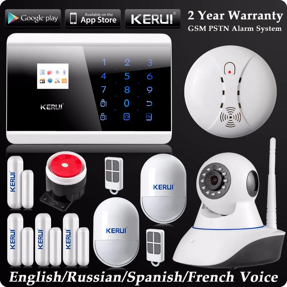 Prix Kerui LCD Sans Fil Filaire GSM SMS Autodial Accueil Système D alarme Wifi IP Caméra Pet Immunitaire Détecteur de Mouvement Sans Fil Détecteur de Fumée