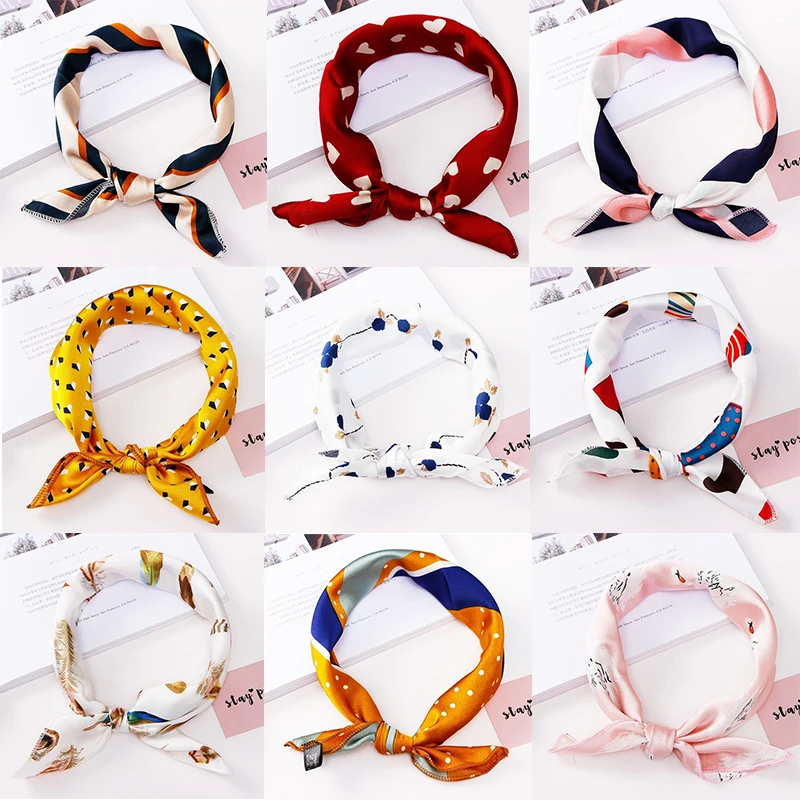 

2019 New 50*50cm Square Scarf Women Elegant Vintage Print Small Hair Tie Band For Business Party Fashion Neck Silk Satin Scarf