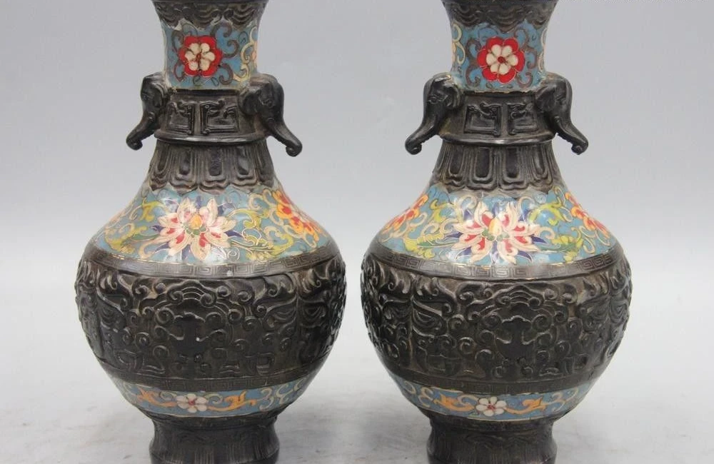 

Chinese Royal Bronze Copper Cloisonne Enamel Elephant Flower Vase pot Jar Pair
