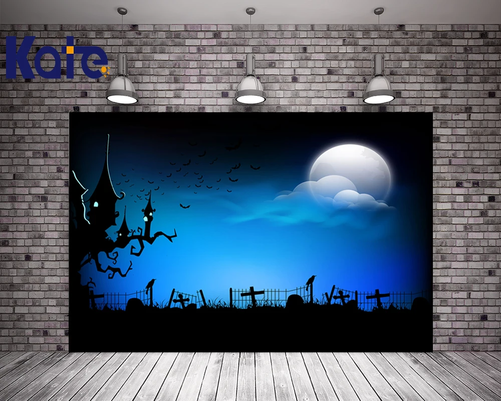 

Kate Blue Halloween Backdrop Photography Big Moon Bat Castle Background For Children Photo Backgrounds