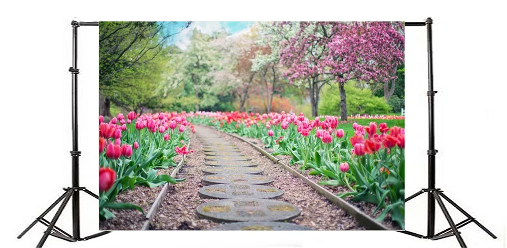 Laeacco Spring Blossom Flower Tulips Tree Rainway Bokeh Bokeh Scenic Photo Backgrounds Photography Backdrops For Photo Studio