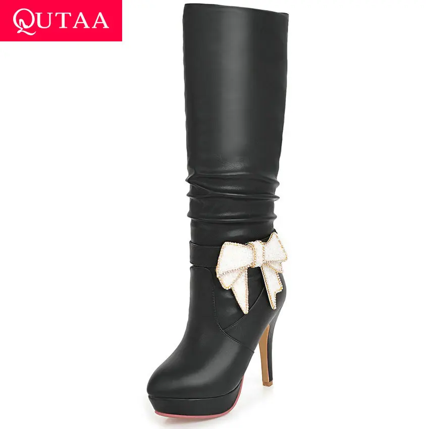 

QUTAA 2020 Fashion Butterfly-Knot Mid Calf Boots All Match Platform PU Leather Round Toe Thin Heel Winter Women Shoes Size 34-43