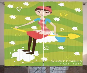 

Zodiac Sagittarius Curtains Cartoon Girl Sitting on an Arrow Motif Horoscope on a Stripes Background Living Room Bedroom Window