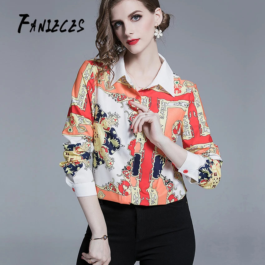 

Runway Designer Plus size Orange Blouses Women's Long Sleeve Vintage Chiffon Print Shirt Fashion Tops Casual Blouse haut femme