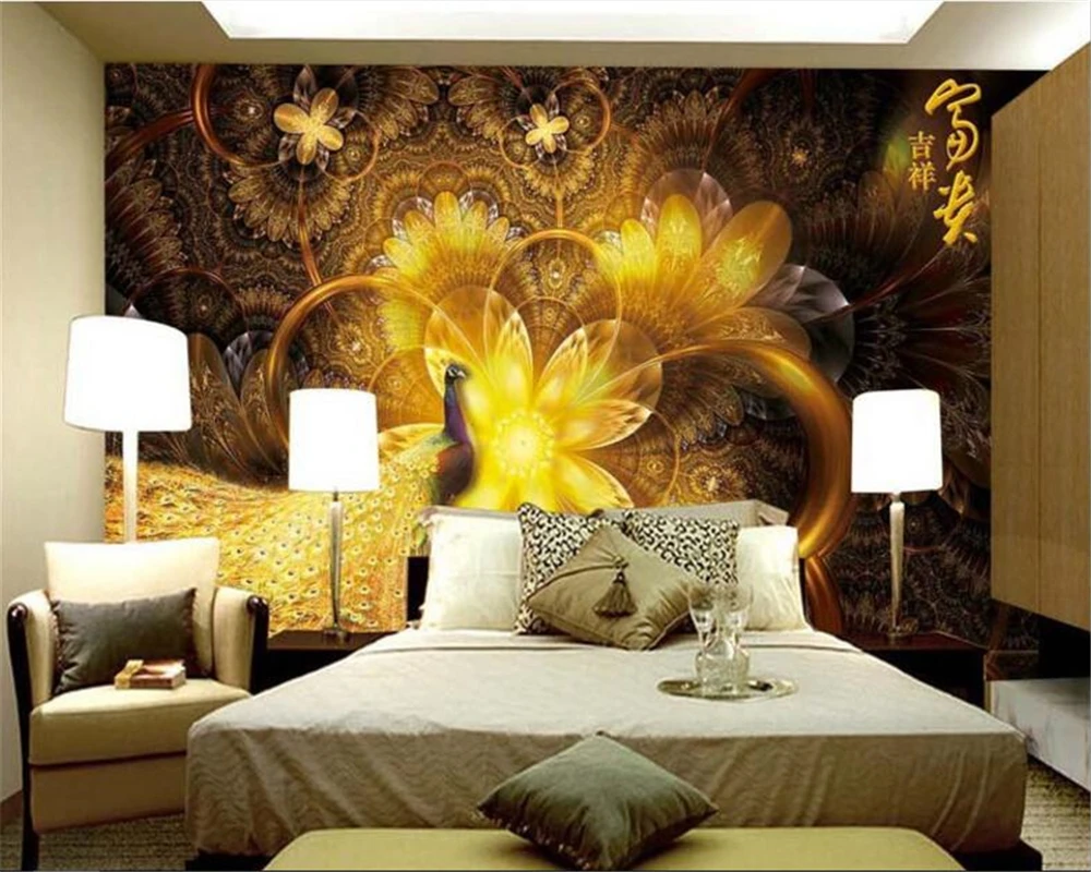 

beibehang Custom fashion personality wallpaper rich auspicious beautiful golden peacock background wall wallpaper for walls 3 d