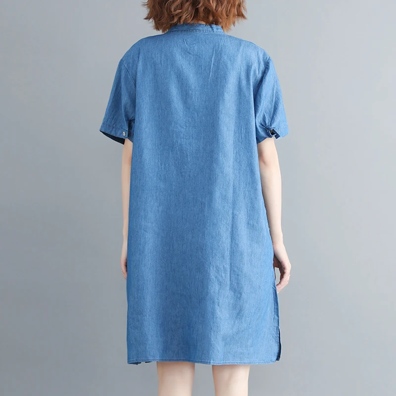 2019 Summer Women Oversize Demin Dress Elegant Vintage Short Sleeves Loose Casual Cowboy Dresses embroidery cotton Jeans Dress