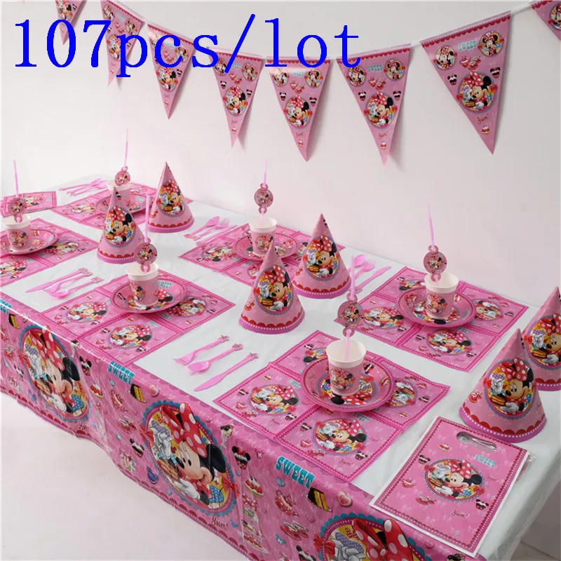 

107Pcs Disney Minnie Mouse Theme Cup Plate Wedding Napkin Invitation Card Girl Birthday Gift Bag Trumpet Party Decoration Supply