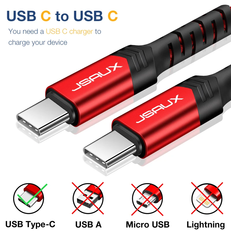 JSAUX USB Type C Cable to USB C Cable 3A PD Fast Charging Data Charger Cable for MacBook Pro Samsung for Google Pixel