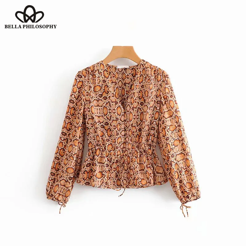 

Wonder 2018 new autumn vintage v neck snake skin print casual smock blouse shirt women chic waist blusas slimming femininas tops