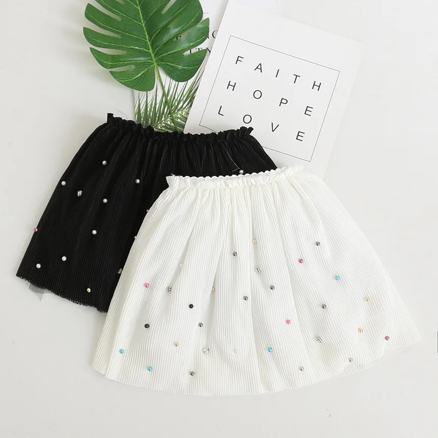 Baby Girls Pleated Skirt Elastic Toddler Girls Summer Skirt With Pearls