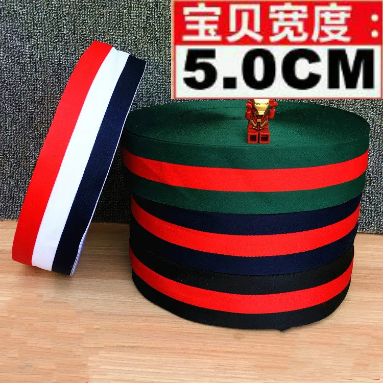 

New width 5CM polyester Woven Jacquard Ribbon green background red stripe pattern DIY sewing accessories ribbons 1meters long
