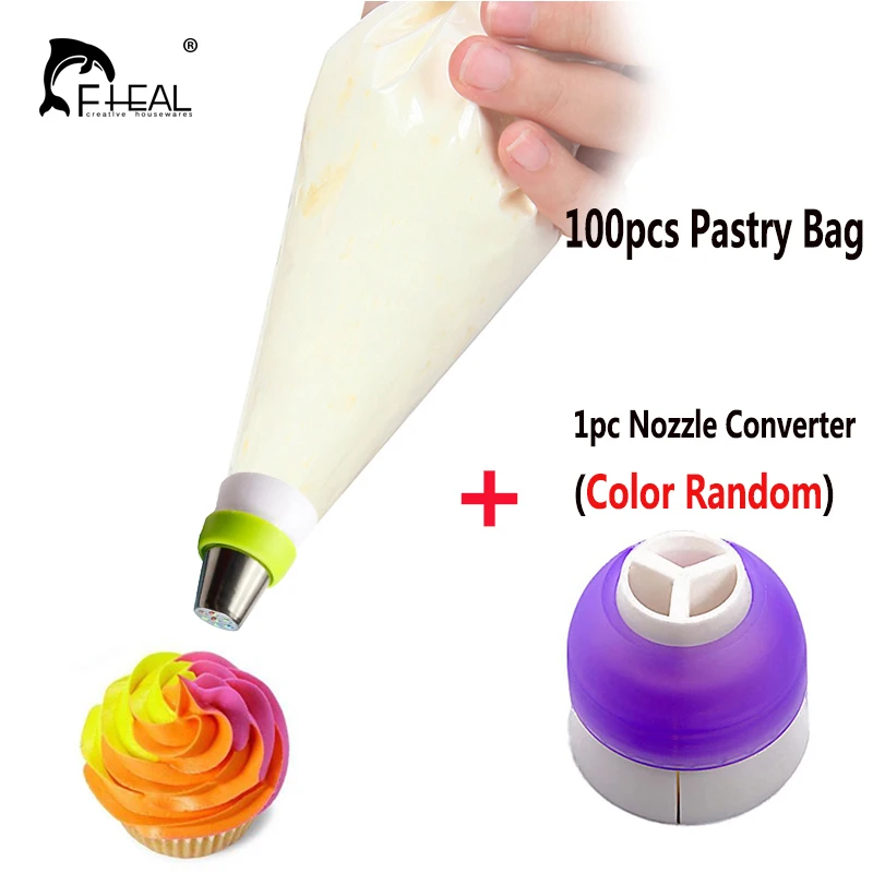 

FHEAL 100pcs DIY Disposable Piping Bags + 1pc Tricolor Converter Icing Fondant Cream Decorating Pastry Bag Cake Decorating Tools