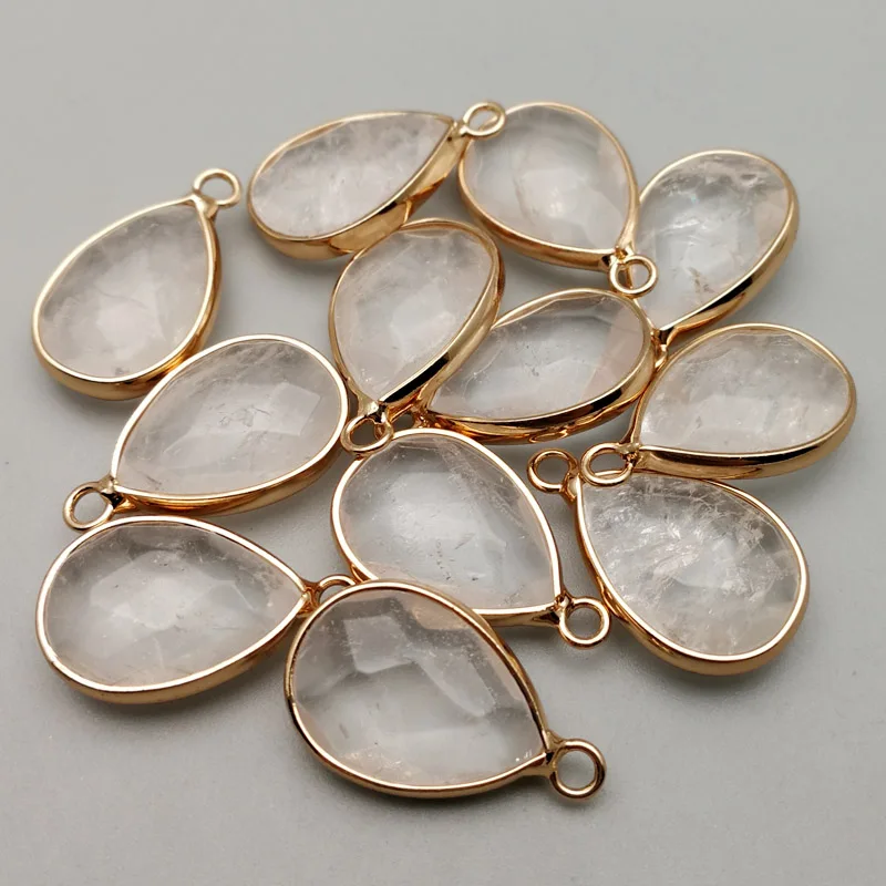 

Wholesale Natural white crystal stone Charms water drop Connector Necklace Pendant gold rim for Bracelet jewelry 12pcs