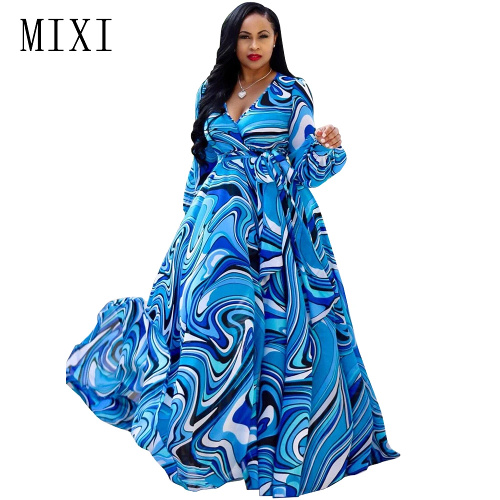 

MIXI Boho Printed Chiffon Long Dresses Women V Neck Long Sleeve Belted Evening Party Dress Loose Vintage Beach Summer Maxi Dress