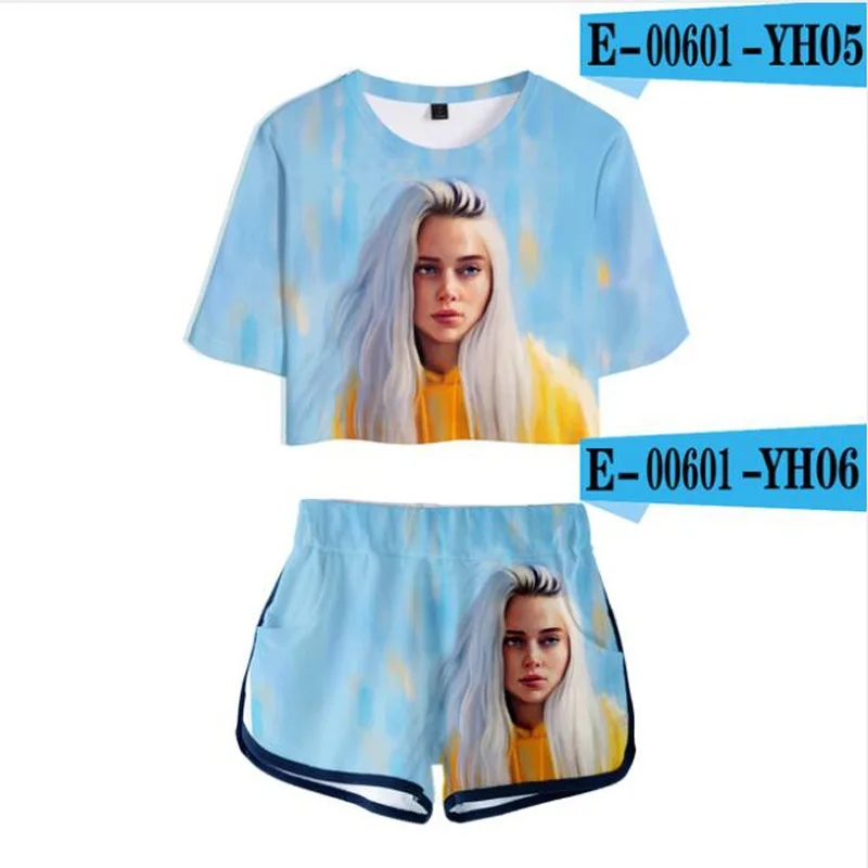 Billie Eilish, 2 предмета, наряды для женщин, укороченный топ, спортивный костюм, комплект из двух предметов, топ и шорты, комплект, женские спортивные костюмы, одежда в стиле хип-хоп - Цвет: 018