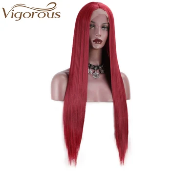 Vigorous Red Lace Front Wigs for Women Synthetic Long Straight Wigs Middle Parting Heat Resistant Fiber Natural Looking 13x4 2