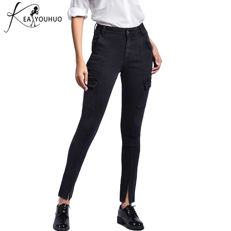 Новинка г. черный штаны-карго Высокая талия джинсы для женщин для мотобрюки деним облегающие джинсы женские брюки девочек плюс разме