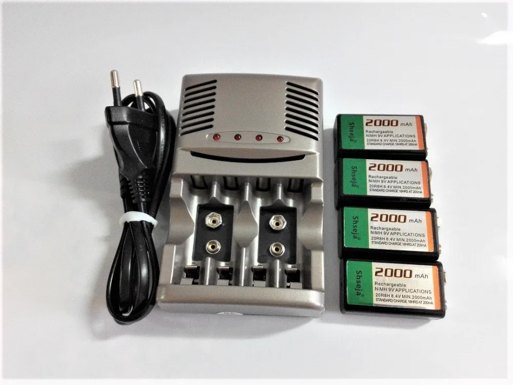 Kopen 4 stuks 9v SUPER GROTE 2000mAh NiMH batterijen Oplaadbare 9 Volt Batterij + Universele 9v aa aaa batterij oplader