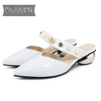 

MLJUESE 2018 women slippers cow leather slip on pointed toe slip on black color pumps slides sandals casual sandals