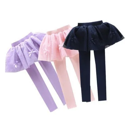 

2018 Girls Culottes Cotton Plus Velvet Tutu Skirt Mesh Bow Solid Skirt-pants Fake Two Pieces Lace Girl Leggings With Skirt 5-11Y