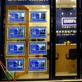

Horizontal Cable Wire Hanging Real Estate Agent LED Window Display A4 Single Sided LED Illuniated Acrylicc Frame Panels