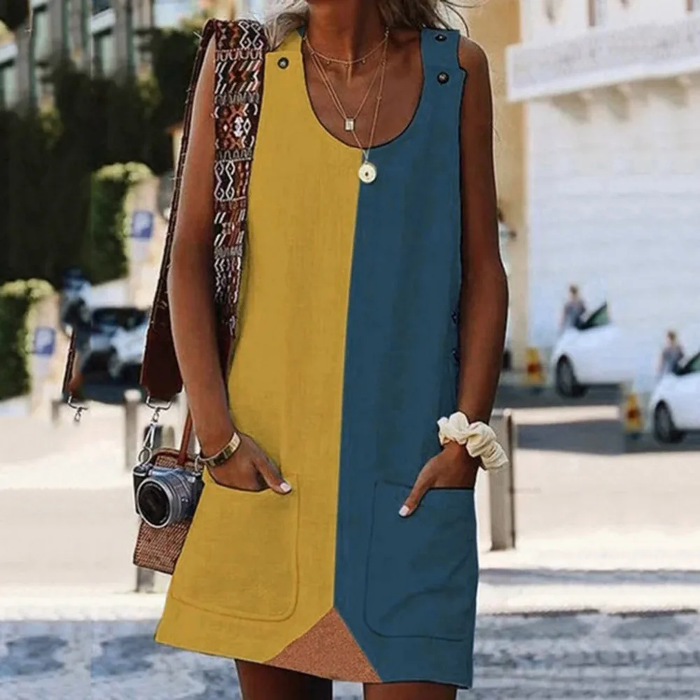 

Women Fashion Summer Street Leisure Sleeveless Spliced Pocket Large Size Dress Crew Neck designer beach dress 5xl casual dress