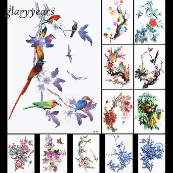 

12 Pieces Flower Bird Pattern Design Tattoo Sticker Wintersweet Peony Fish Decal Temporary Body Art Tattoo Sticker Chinese HB#19