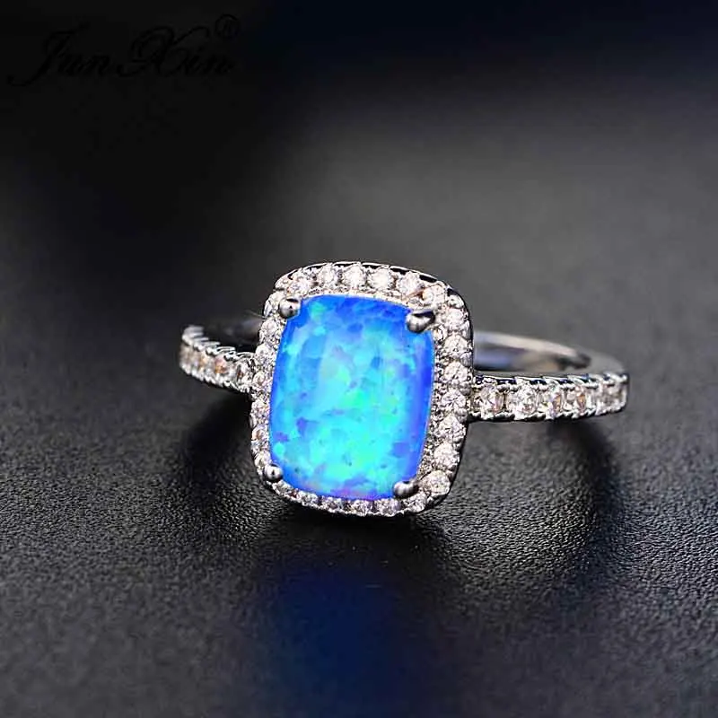 JUNXIN принцесса квадратные циркониевые кольца шампанского для женщин 925 серебро/розовое золото Заполненные Фиолетовый Синий Камень Кольцо женское свадебное - Цвет основного камня: Blue Opal Ring
